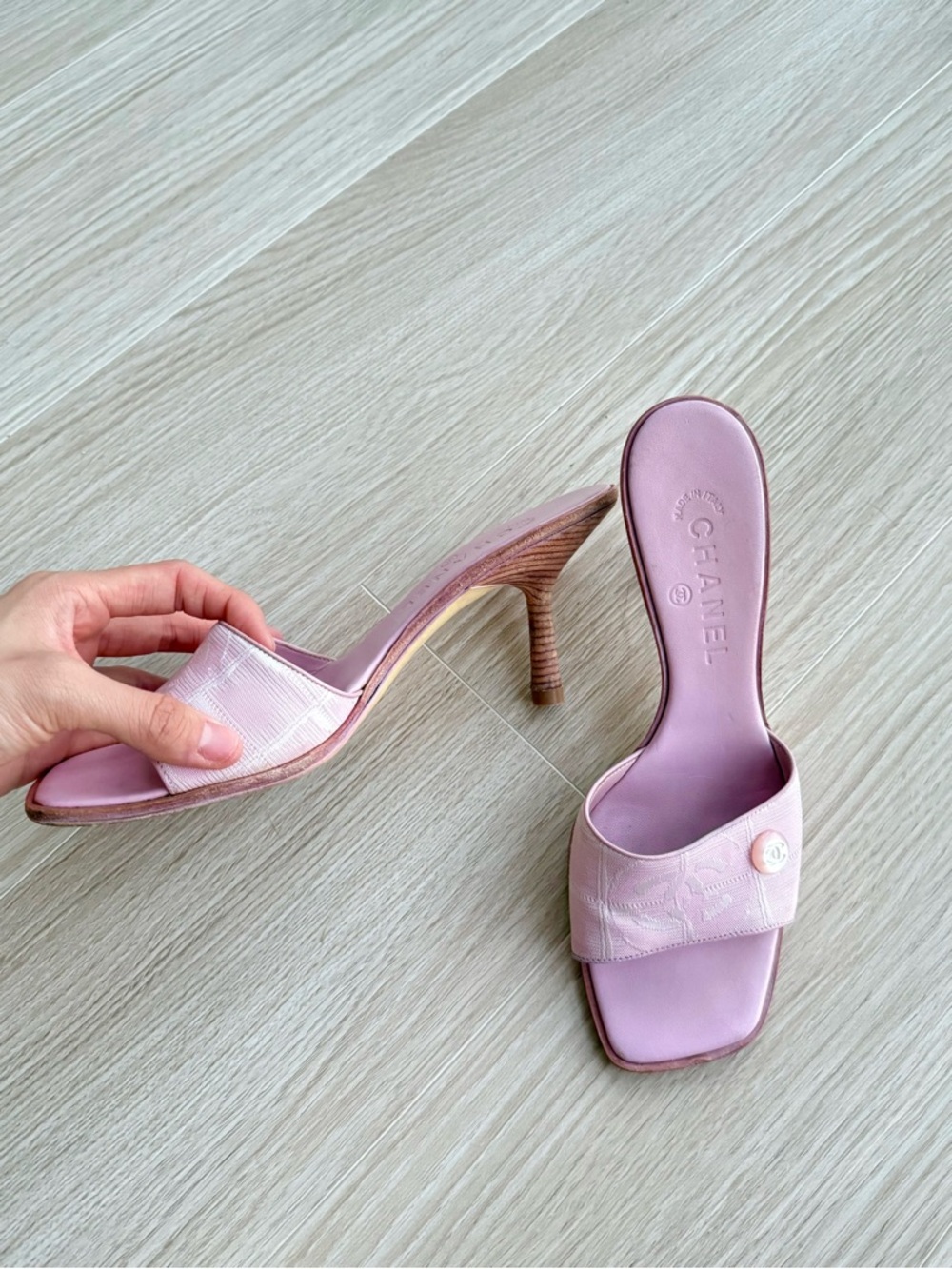 Authentic CHANEL Pink Camellia-Embroidered Slide Mules Stilettos heels - Picture 5 of 5